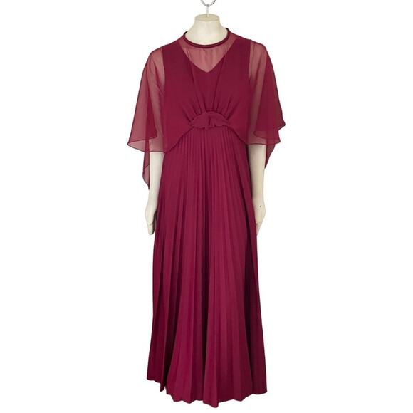 VTG 70s Formal Pleated Maxi Dress in Wine RedAttached Sheer Shawl CapeSZ 10